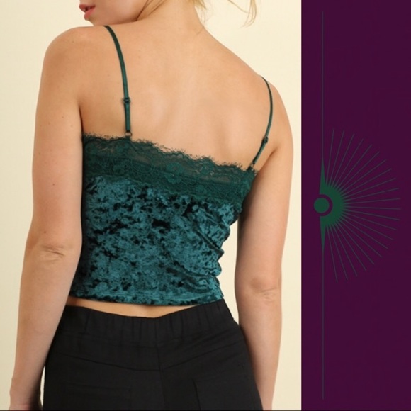 Umgee Velvet Eyelash Lace Bralette In Hunter Green - Picture 2 of 6